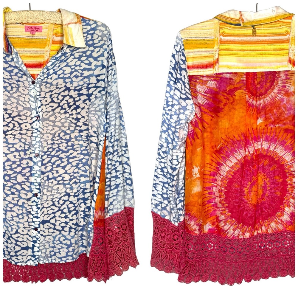 Ruby Yaya Top Small Semi Sheer Crochet Bell Sleeve Colorful Blouse Boho Artsy